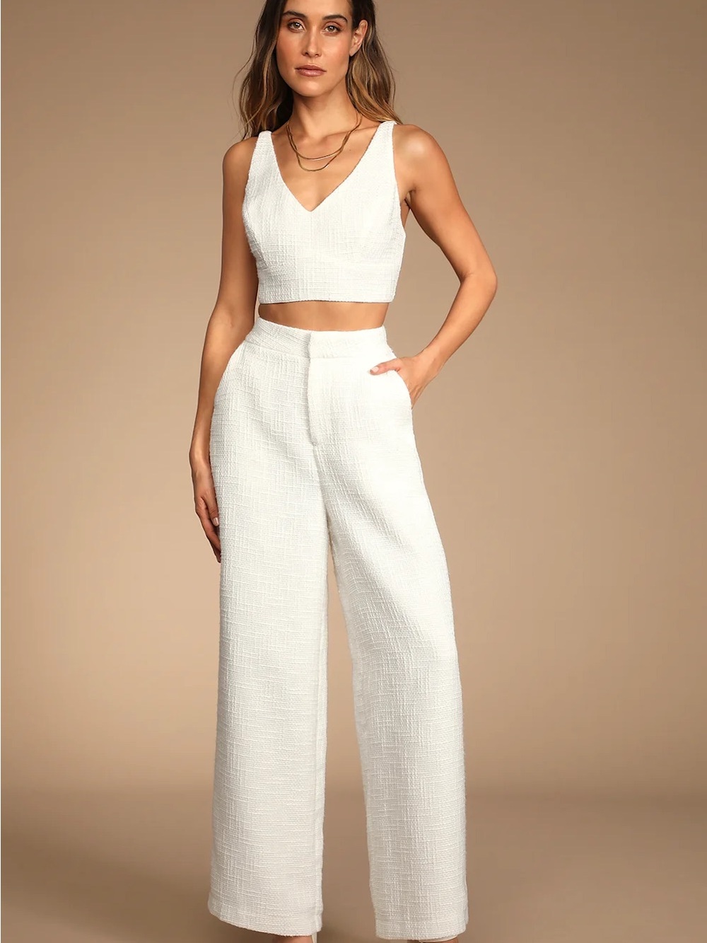 Lulus chic and sophisticated ivory top with wide leg pants set